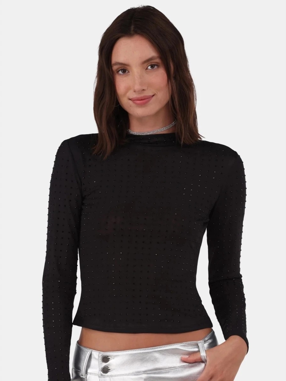 ANTI STAR Embellished Black Long-Sleeve Sheer Top XS